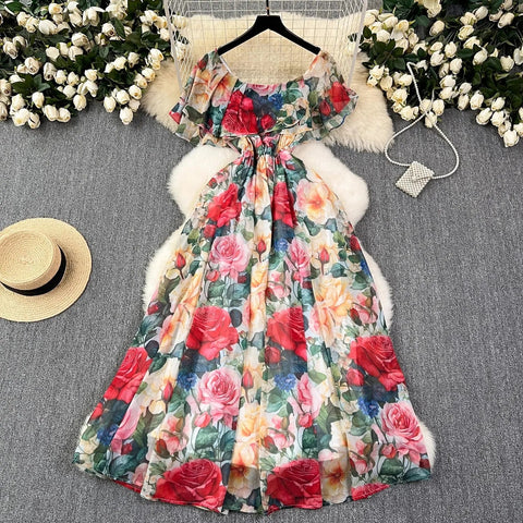 Off the Shoulder Sexy Beach Party Dress Summer Ruffles Slash Neck Chiffon Maxi Sundress Vacation Floral Print Long Vestidos - American Thistle Off the Shoulder Sexy Beach Party Dress Summer Ruffles Slash Neck Chiffon Maxi Sundress Vacation Floral Print Long Vestidos