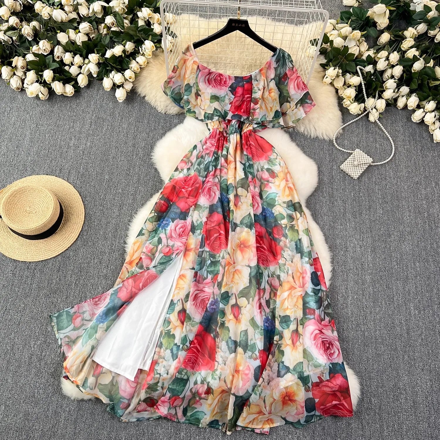 Off the Shoulder Sexy Beach Party Dress Summer Ruffles Slash Neck Chiffon Maxi Sundress Vacation Floral Print Long Vestidos - American Thistle Off the Shoulder Sexy Beach Party Dress Summer Ruffles Slash Neck Chiffon Maxi Sundress Vacation Floral Print Long Vestidos