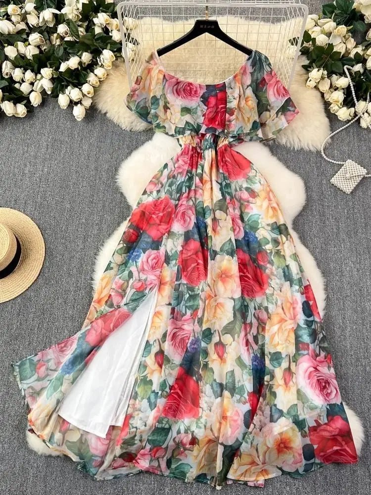 Off the Shoulder Sexy Beach Party Dress Summer Ruffles Slash Neck Chiffon Maxi Sundress Vacation Floral Print Long Vestidos - American Thistle Off the Shoulder Sexy Beach Party Dress Summer Ruffles Slash Neck Chiffon Maxi Sundress Vacation Floral Print Long Vestidos