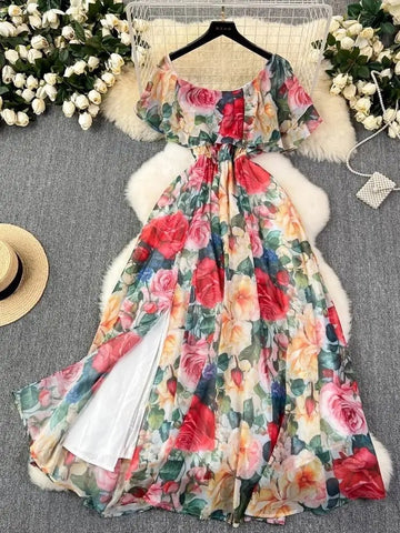 Off the Shoulder Sexy Beach Party Dress Summer Ruffles Slash Neck Chiffon Maxi Sundress Vacation Floral Print Long Vestidos - American Thistle Off the Shoulder Sexy Beach Party Dress Summer Ruffles Slash Neck Chiffon Maxi Sundress Vacation Floral Print Long Vestidos