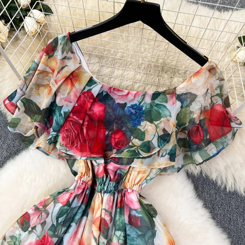 Off the Shoulder Sexy Beach Party Dress Summer Ruffles Slash Neck Chiffon Maxi Sundress Vacation Floral Print Long Vestidos - American Thistle Off the Shoulder Sexy Beach Party Dress Summer Ruffles Slash Neck Chiffon Maxi Sundress Vacation Floral Print Long Vestidos