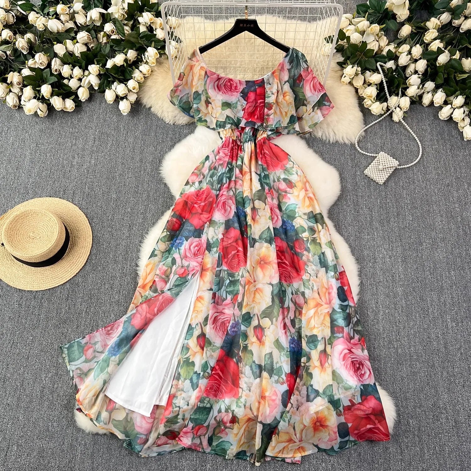 Off the Shoulder Sexy Beach Party Dress Summer Ruffles Slash Neck Chiffon Maxi Sundress Vacation Floral Print Long Vestidos - American Thistle Off the Shoulder Sexy Beach Party Dress Summer Ruffles Slash Neck Chiffon Maxi Sundress Vacation Floral Print Long Vestidos
