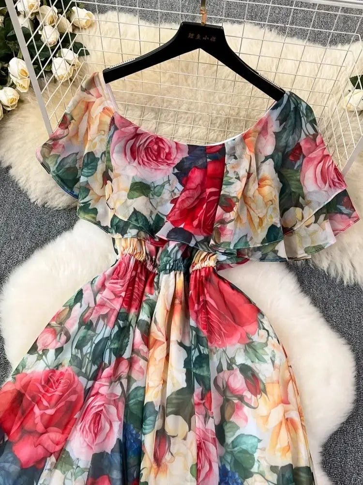Off the Shoulder Sexy Beach Party Dress Summer Ruffles Slash Neck Chiffon Maxi Sundress Vacation Floral Print Long Vestidos - American Thistle Off the Shoulder Sexy Beach Party Dress Summer Ruffles Slash Neck Chiffon Maxi Sundress Vacation Floral Print Long Vestidos