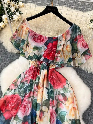 Off the Shoulder Sexy Beach Party Dress Summer Ruffles Slash Neck Chiffon Maxi Sundress Vacation Floral Print Long Vestidos - American Thistle Off the Shoulder Sexy Beach Party Dress Summer Ruffles Slash Neck Chiffon Maxi Sundress Vacation Floral Print Long Vestidos