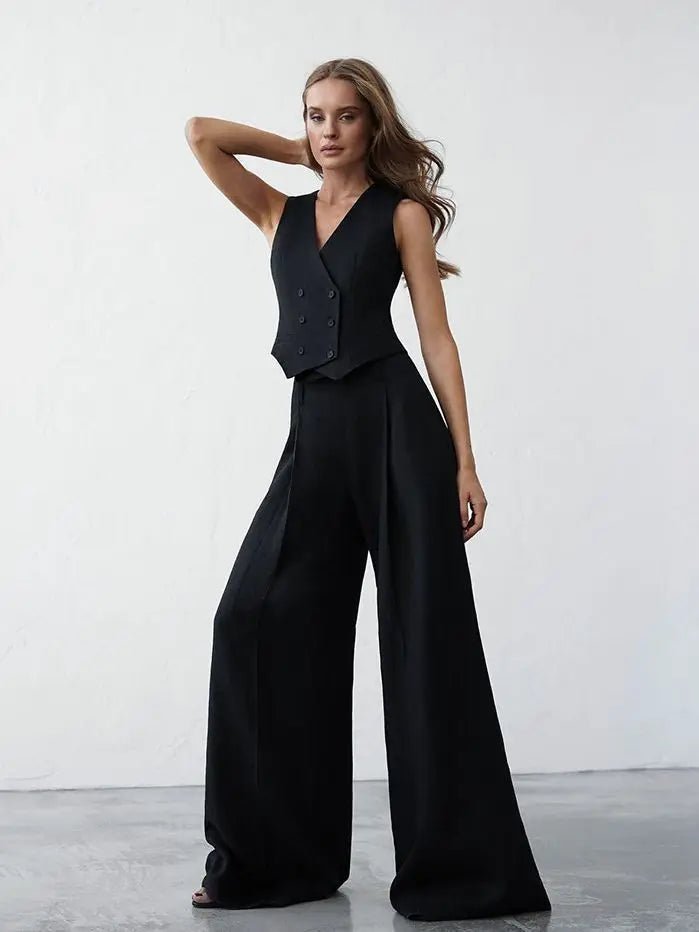 Office Leisure Black Cotton Linen Elegant Sleeveless Vests Palazzo Pants Women Matching Sets - American Thistle Office Leisure Black Cotton Linen Elegant Sleeveless Vests Palazzo Pants Women Matching Sets