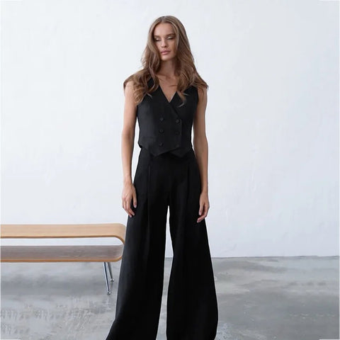 Office Leisure Black Cotton Linen Elegant Sleeveless Vests Palazzo Pants Women Matching Sets - American Thistle Office Leisure Black Cotton Linen Elegant Sleeveless Vests Palazzo Pants Women Matching Sets