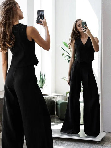 Office Leisure Black Cotton Linen Elegant Sleeveless Vests Palazzo Pants Women Matching Sets - American Thistle Office Leisure Black Cotton Linen Elegant Sleeveless Vests Palazzo Pants Women Matching Sets