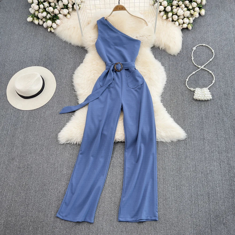 One Size Summer Fashion Slim Fit Slant Neck Sleeveless Jumpsuit High Waisted Straight Leg Wide Leg Pants Jumpsuit - American Thistle One Size Summer Fashion Slim Fit Slant Neck Sleeveless Jumpsuit High Waisted Straight Leg Wide Leg Pants Jumpsuit