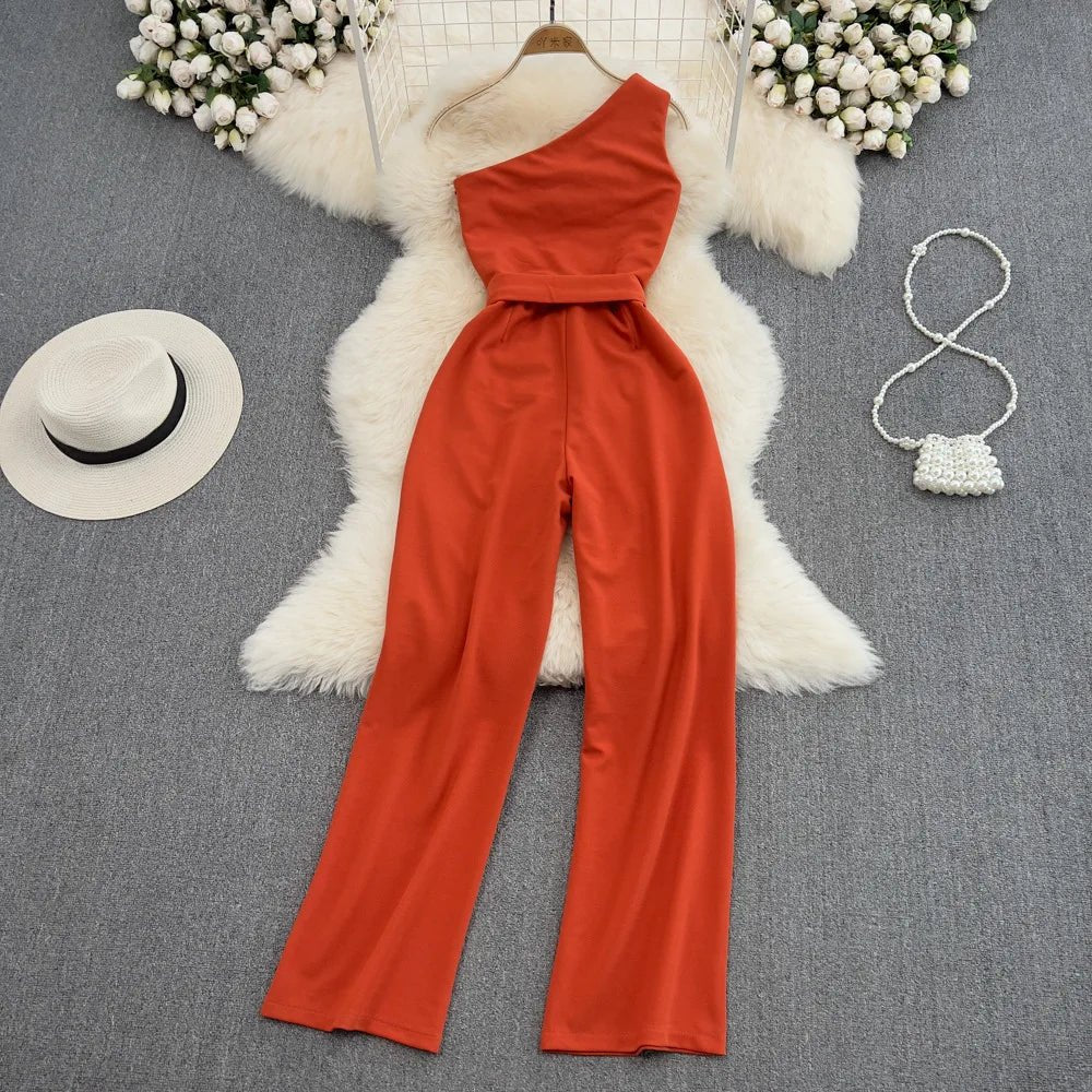 One Size Summer Fashion Slim Fit Slant Neck Sleeveless Jumpsuit High Waisted Straight Leg Wide Leg Pants Jumpsuit - American Thistle One Size Summer Fashion Slim Fit Slant Neck Sleeveless Jumpsuit High Waisted Straight Leg Wide Leg Pants Jumpsuit