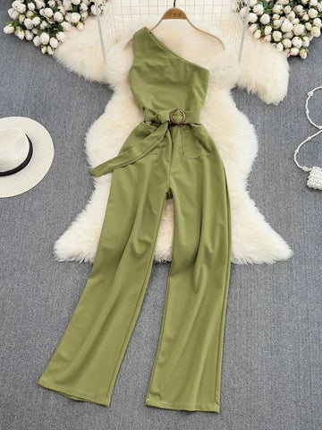 One Size Summer Fashion Slim Fit Slant Neck Sleeveless Jumpsuit High Waisted Straight Leg Wide Leg Pants Jumpsuit - American Thistle One Size Summer Fashion Slim Fit Slant Neck Sleeveless Jumpsuit High Waisted Straight Leg Wide Leg Pants Jumpsuit