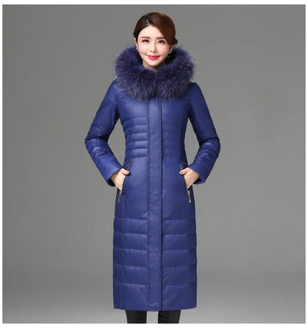 Over - The - Knee Long Puffer Down Jacket with Faux Fur Collar - American Thistle Over - The - Knee Long Puffer Down Jacket with Faux Fur Collar