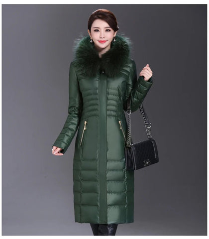 Over - The - Knee Long Puffer Down Jacket with Faux Fur Collar - American Thistle Over - The - Knee Long Puffer Down Jacket with Faux Fur Collar