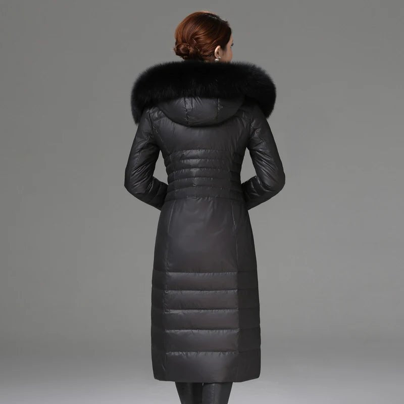 Over - The - Knee Long Puffer Down Jacket with Faux Fur Collar - American Thistle Over - The - Knee Long Puffer Down Jacket with Faux Fur Collar