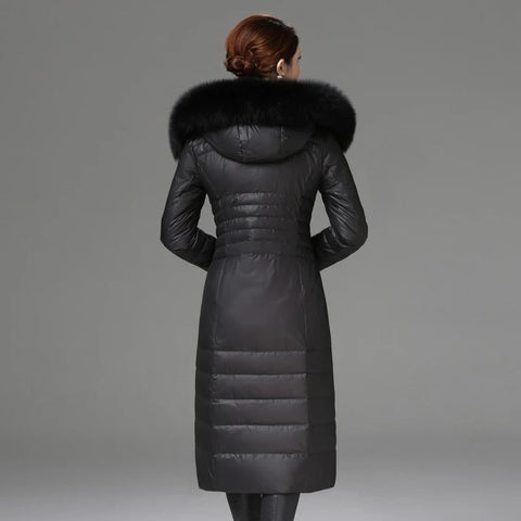 Over - The - Knee Long Puffer Down Jacket with Faux Fur Collar - American Thistle Over - The - Knee Long Puffer Down Jacket with Faux Fur Collar