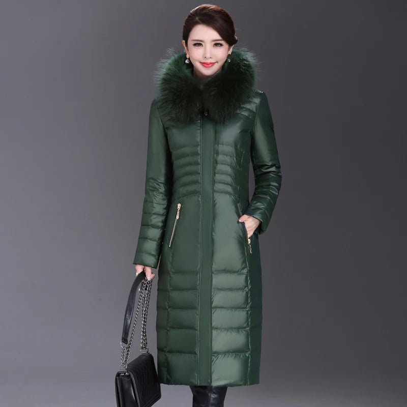 Over - The - Knee Long Puffer Down Jacket with Faux Fur Collar - American Thistle Over - The - Knee Long Puffer Down Jacket with Faux Fur Collar