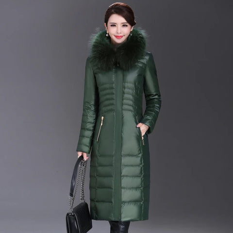 Over - The - Knee Long Puffer Down Jacket with Faux Fur Collar - American Thistle Over - The - Knee Long Puffer Down Jacket with Faux Fur Collar