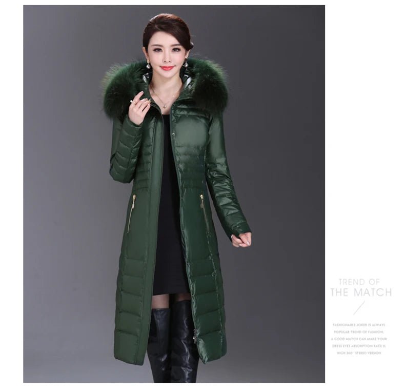 Over - The - Knee Long Puffer Down Jacket with Faux Fur Collar - American Thistle Over - The - Knee Long Puffer Down Jacket with Faux Fur Collar