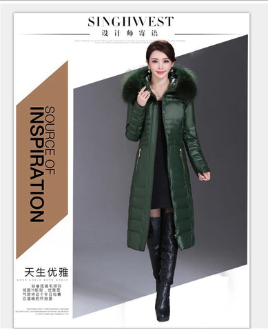 Over - The - Knee Long Puffer Down Jacket with Faux Fur Collar - American Thistle Over - The - Knee Long Puffer Down Jacket with Faux Fur Collar