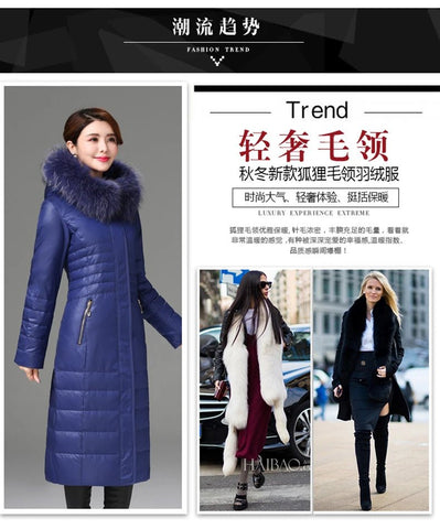 Over - The - Knee Long Puffer Down Jacket with Faux Fur Collar - American Thistle Over - The - Knee Long Puffer Down Jacket with Faux Fur Collar