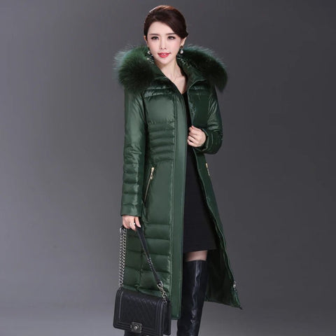 Over - The - Knee Long Puffer Down Jacket with Faux Fur Collar - American Thistle Over - The - Knee Long Puffer Down Jacket with Faux Fur Collar