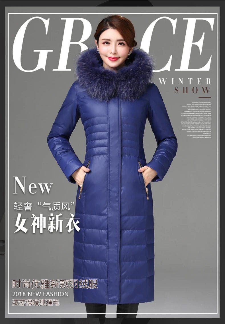 Over - The - Knee Long Puffer Down Jacket with Faux Fur Collar - American Thistle Over - The - Knee Long Puffer Down Jacket with Faux Fur Collar