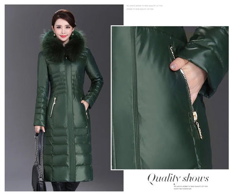 Over - The - Knee Long Puffer Down Jacket with Faux Fur Collar - American Thistle Over - The - Knee Long Puffer Down Jacket with Faux Fur Collar