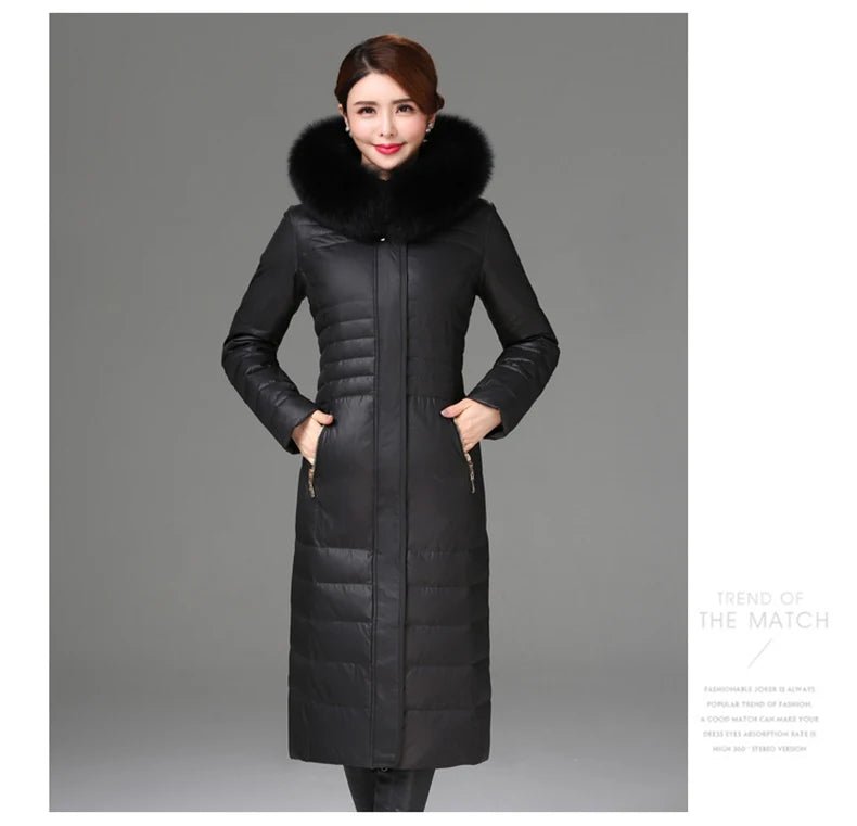 Over - The - Knee Long Puffer Down Jacket with Faux Fur Collar - American Thistle Over - The - Knee Long Puffer Down Jacket with Faux Fur Collar