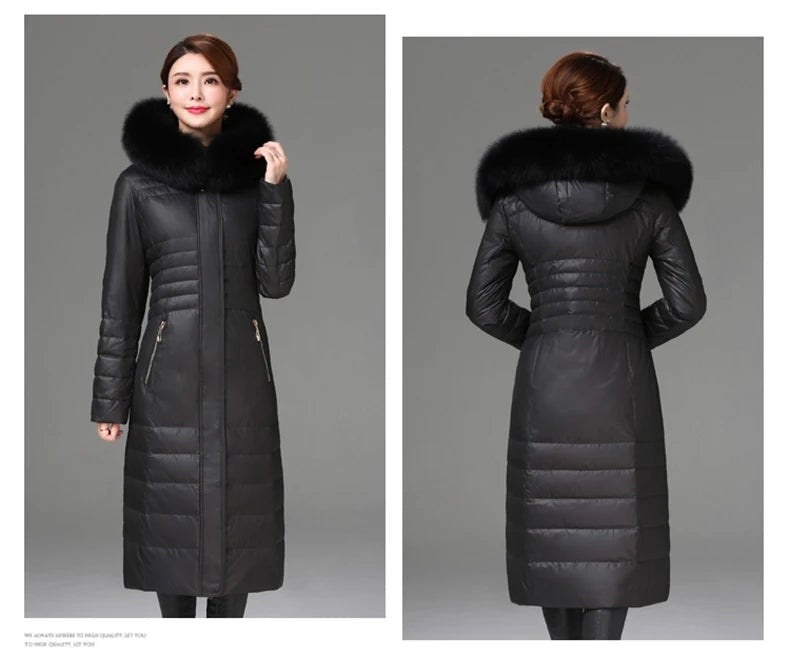 Over - The - Knee Long Puffer Down Jacket with Faux Fur Collar - American Thistle Over - The - Knee Long Puffer Down Jacket with Faux Fur Collar