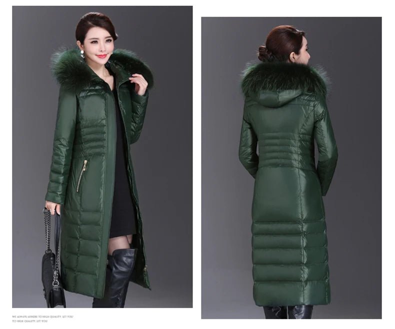 Over - The - Knee Long Puffer Down Jacket with Faux Fur Collar - American Thistle Over - The - Knee Long Puffer Down Jacket with Faux Fur Collar
