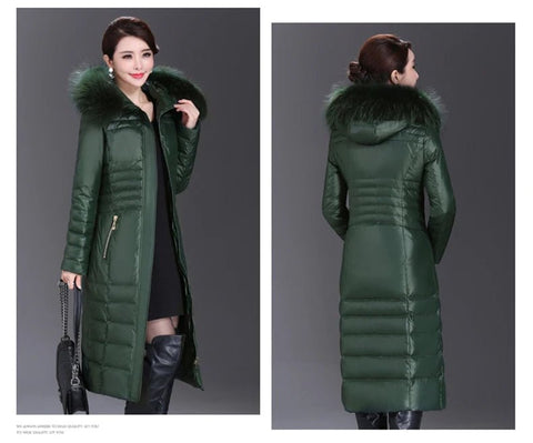 Over - The - Knee Long Puffer Down Jacket with Faux Fur Collar - American Thistle Over - The - Knee Long Puffer Down Jacket with Faux Fur Collar