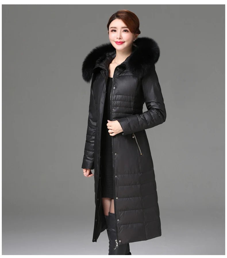 Over - The - Knee Long Puffer Down Jacket with Faux Fur Collar - American Thistle Over - The - Knee Long Puffer Down Jacket with Faux Fur Collar