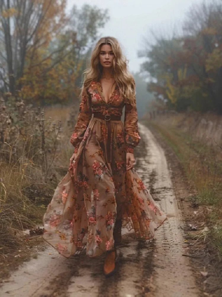 Pastoral Style Printed Long Sleeved Maxi Dress Long Skirt Green - American Thistle Pastoral Style Printed Long Sleeved Maxi Dress Long Skirt Green