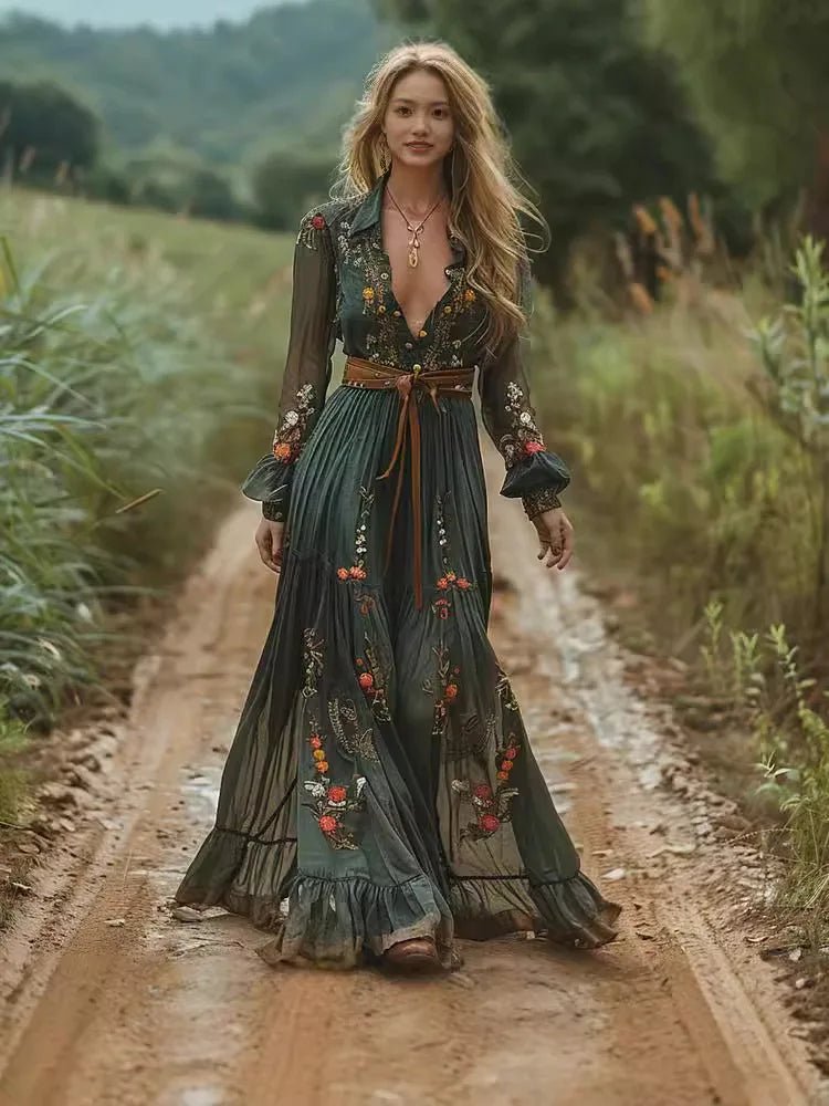 Pastoral Style V - neck Printed Long Sleeved Dress, long skirt - American ThistlePastoral Style V - neck Printed Long Sleeved Dress, long skirt