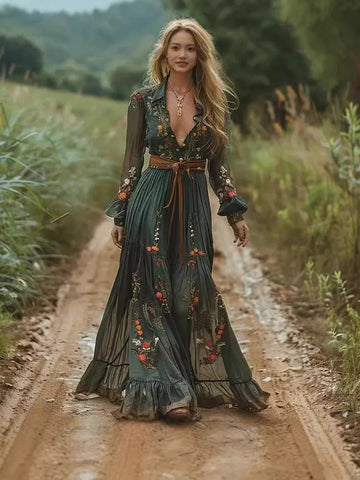 Pastoral Style V - neck Printed Long Sleeved Dress, long skirt - American ThistlePastoral Style V - neck Printed Long Sleeved Dress, long skirt