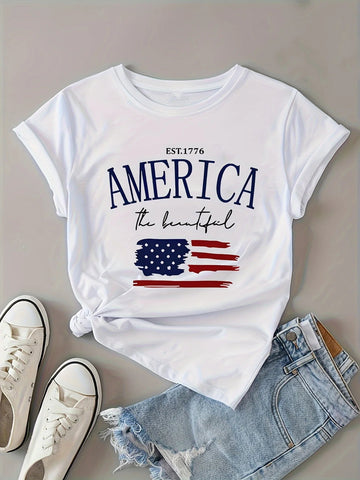Patriotic American Flag Print T-Shirt - Woman's Casual Crew Neck Short Sleeve Stretchy Washable - Perfect for Independence - American ThistlePatriotic American Flag Print T-Shirt - Woman's Casual Crew Neck Short Sleeve Stretchy Washable - Perfect for Independence