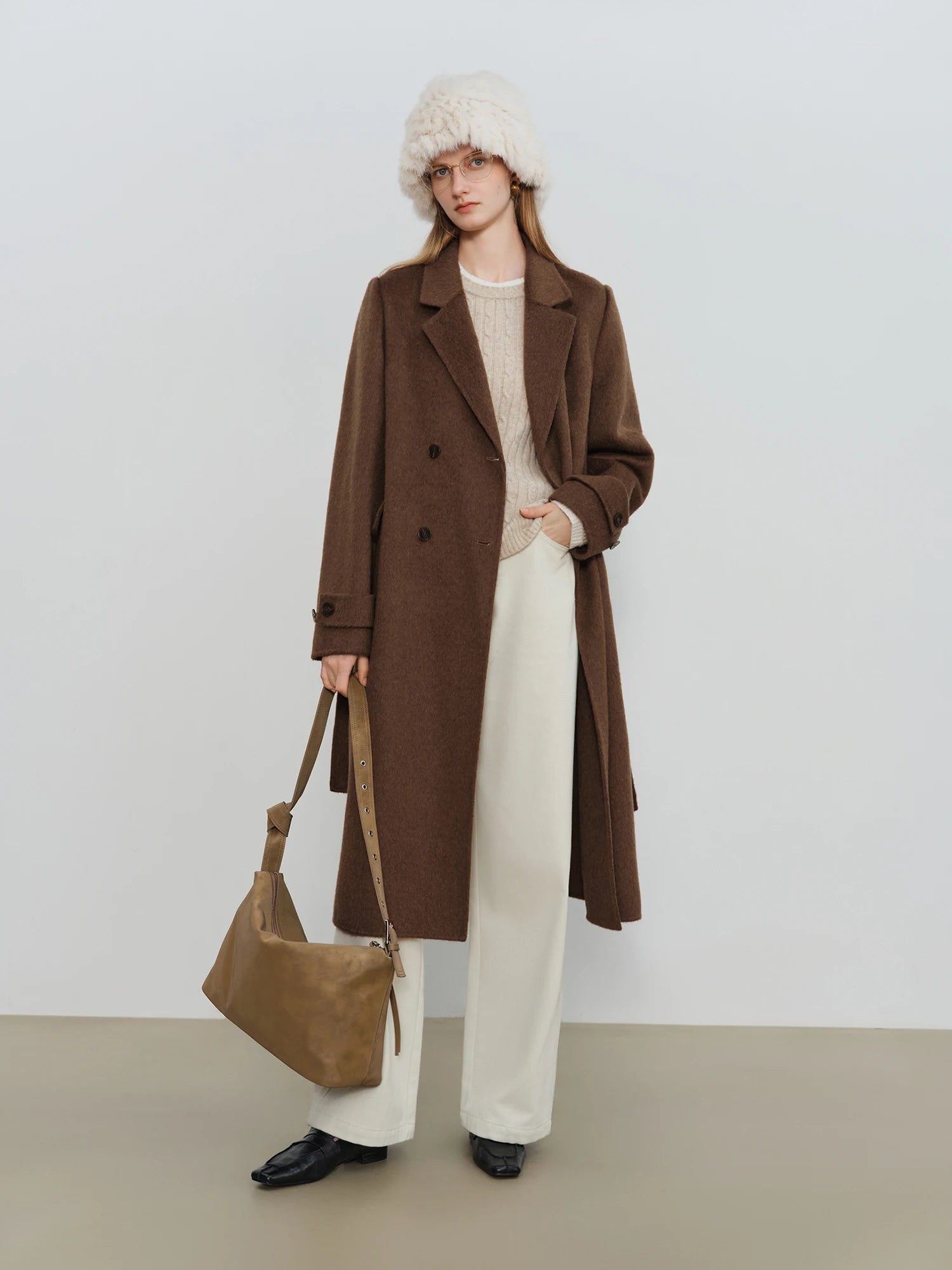 Petite Straight Shoulder White Camel Wool Coat Women - American Thistle Petite Straight Shoulder White Camel Wool Coat Women