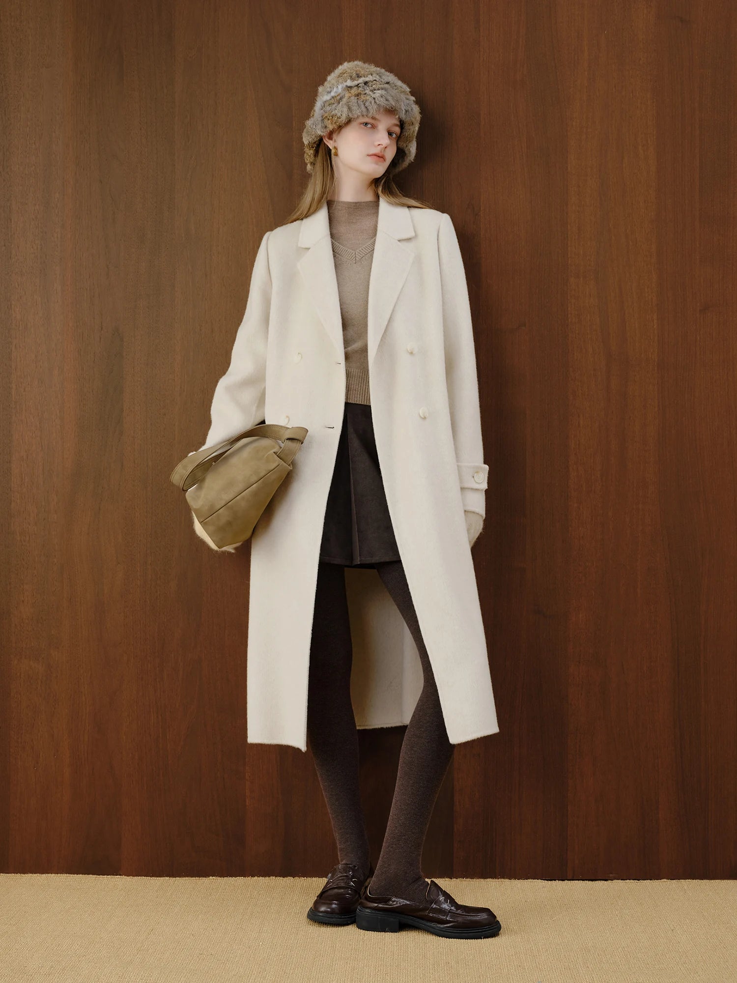 Petite Straight Shoulder White Camel Wool Coat Women - American Thistle Petite Straight Shoulder White Camel Wool Coat Women