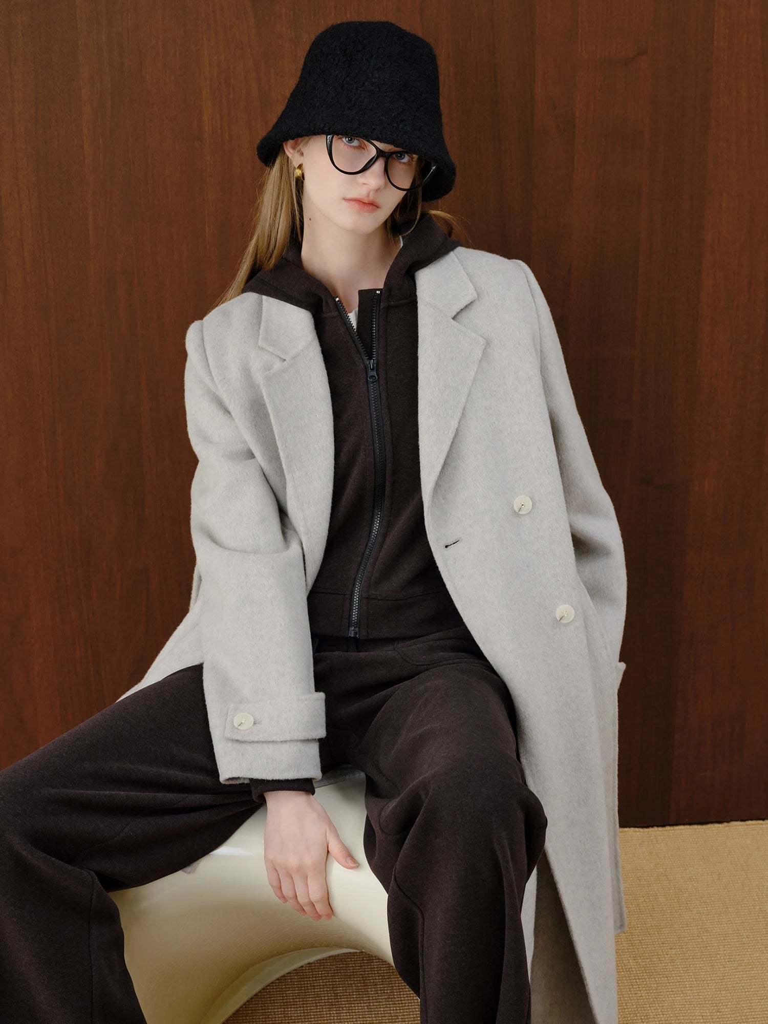 Petite Straight Shoulder White Camel Wool Coat Women - American Thistle Petite Straight Shoulder White Camel Wool Coat Women