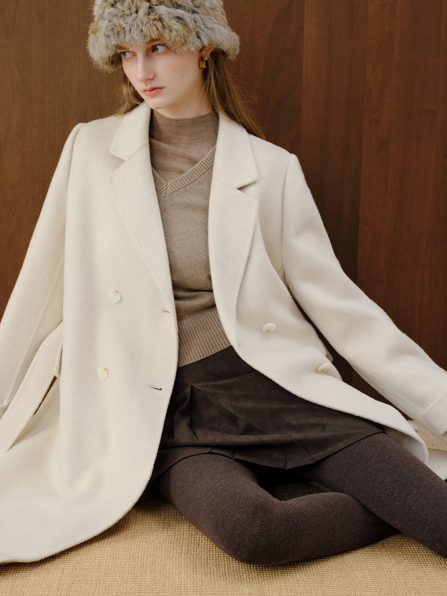 Petite Straight Shoulder White Camel Wool Coat Women - American Thistle Petite Straight Shoulder White Camel Wool Coat Women