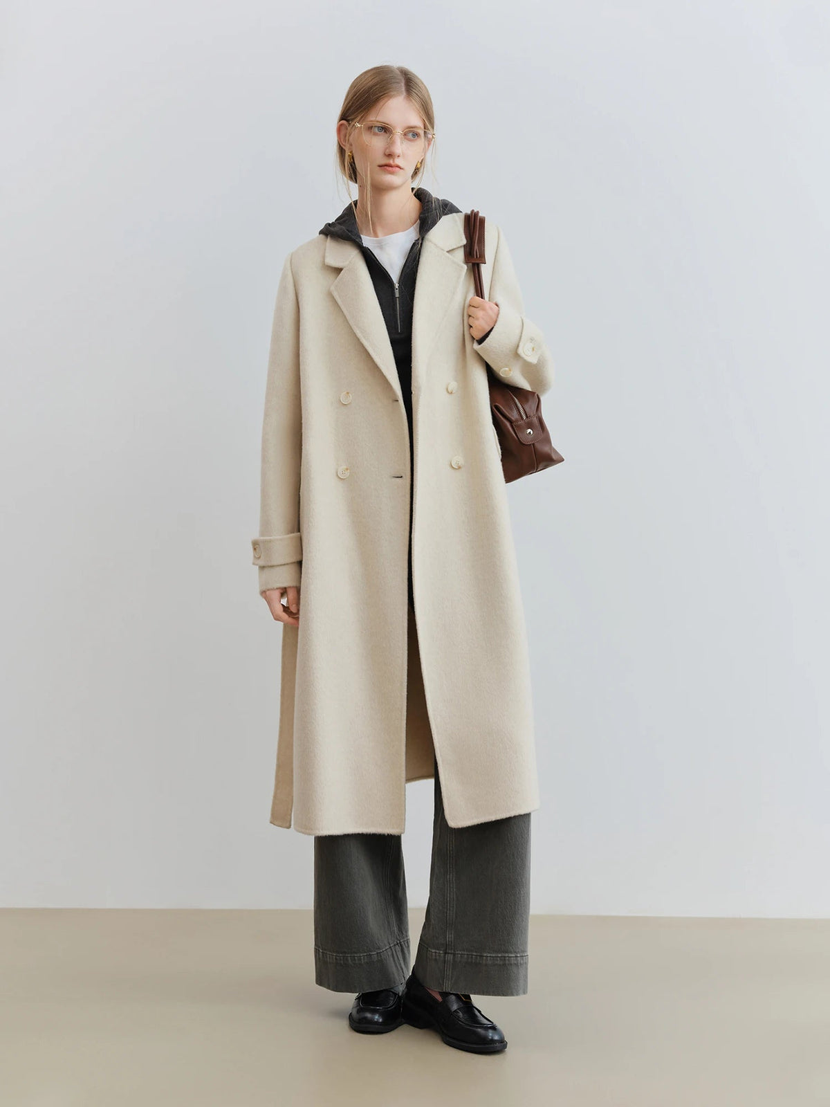 Petite Straight Shoulder White Camel Wool Coat Women - American Thistle Petite Straight Shoulder White Camel Wool Coat Women