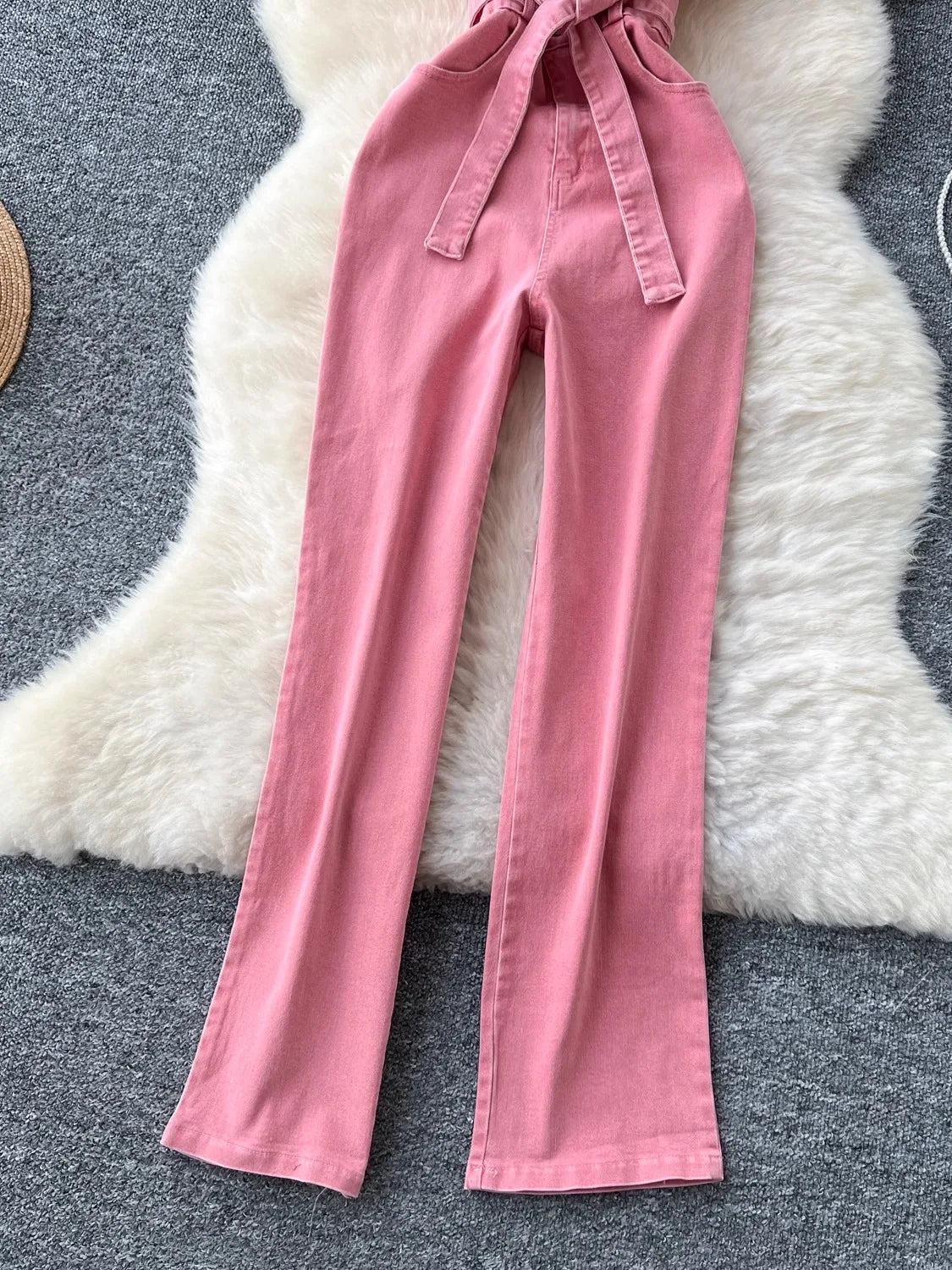 Pink Denim Jumpsuit Woman Lapel Neck Women Pants Metal Buckle One Pieces Summer - American Thistle Pink Denim Jumpsuit Woman Lapel Neck Women Pants Metal Buckle One Pieces Summer