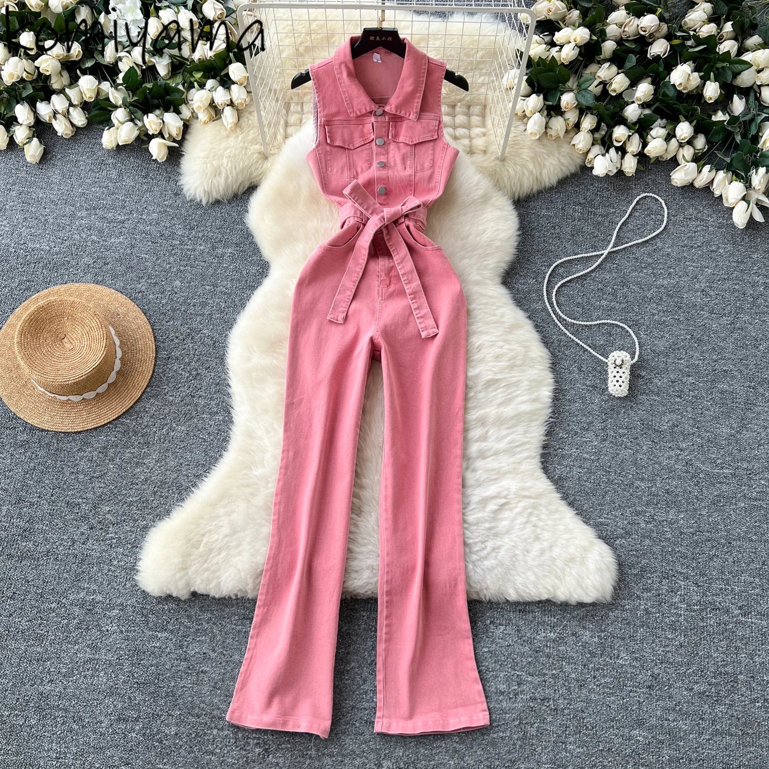Pink Denim Jumpsuit Woman Lapel Neck Women Pants Metal Buckle One Pieces Summer - American Thistle Pink Denim Jumpsuit Woman Lapel Neck Women Pants Metal Buckle One Pieces Summer
