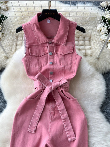 Pink Denim Jumpsuit Woman Lapel Neck Women Pants Metal Buckle One Pieces Summer - American Thistle Pink Denim Jumpsuit Woman Lapel Neck Women Pants Metal Buckle One Pieces Summer