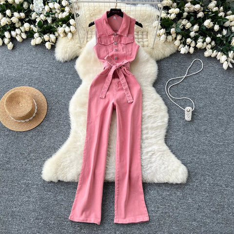 Pink Denim Jumpsuit Woman Lapel Neck Women Pants Metal Buckle One Pieces Summer - American Thistle Pink Denim Jumpsuit Woman Lapel Neck Women Pants Metal Buckle One Pieces Summer
