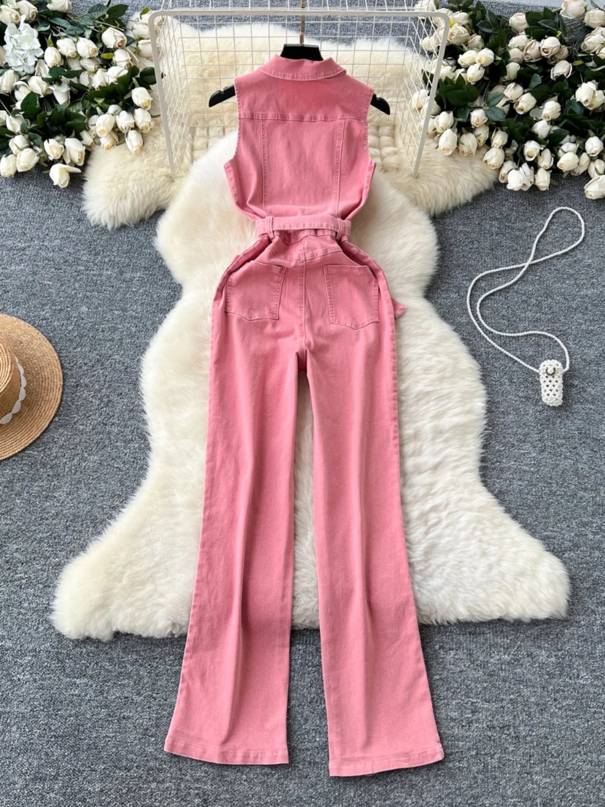 Pink Denim Jumpsuit Woman Lapel Neck Women Pants Metal Buckle One Pieces Summer - American Thistle Pink Denim Jumpsuit Woman Lapel Neck Women Pants Metal Buckle One Pieces Summer