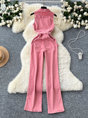 Pink Denim Jumpsuit Woman Lapel Neck Women Pants Metal Buckle One Pieces Summer - American Thistle Pink Denim Jumpsuit Woman Lapel Neck Women Pants Metal Buckle One Pieces Summer