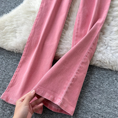 Pink Denim Jumpsuit Woman Lapel Neck Women Pants Metal Buckle One Pieces Summer - American Thistle Pink Denim Jumpsuit Woman Lapel Neck Women Pants Metal Buckle One Pieces Summer