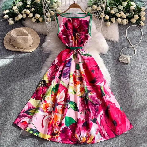 Pink Floral Print Dresses for Women O - neck Chic Maxi Dress - American Thistle Pink Floral Print Dresses for Women O - neck Chic Maxi Dress