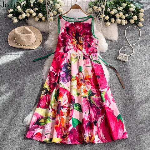 Pink Floral Print Dresses for Women O - neck Chic Maxi Dress - American Thistle Pink Floral Print Dresses for Women O - neck Chic Maxi Dress