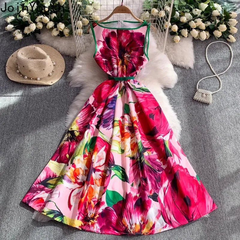 Pink Floral Print Dresses for Women O - neck Chic Maxi Dress - American Thistle Pink Floral Print Dresses for Women O - neck Chic Maxi Dress